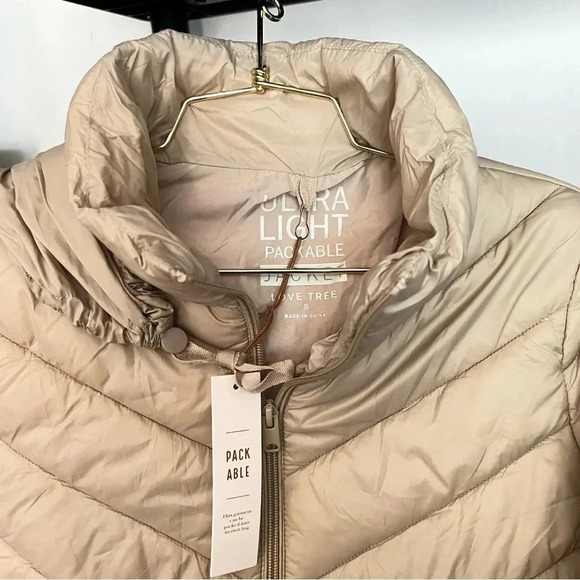 Packable Puffer Quilted Jacket Khaki/Beige Zip Closure Lightweight Hi-Neck - Picture 7 of 7